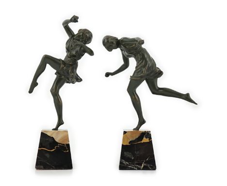 Pierre Camille Marie Le Faguays (1892–1962), a pair of bronze Art Deco figures of classical dancers, each holding a ball in o