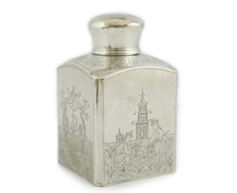 A late 19th century Russian 84 zolotnik silver rectangular tea caddy and cover, with engraved Chinoiserie decoration, assay m
