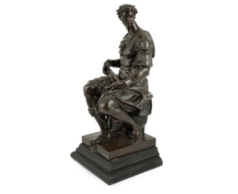 Ferdinand Barbedienne (1810-1892), a French bronze of a Roman seated centurion, Barbedienne stamp to the bronze, on an ebonis