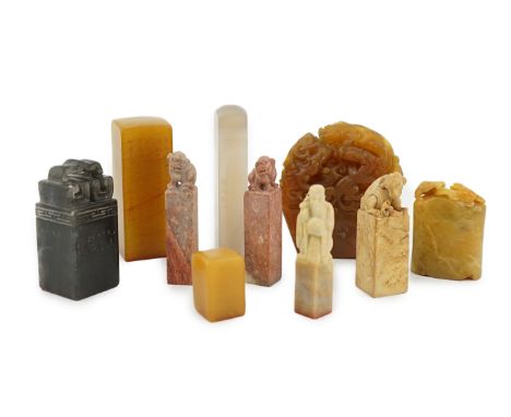 A group of nine Chinese soapstone literati seals, and a similar example in agate, tallest 9cm**conditionreport**There are a f