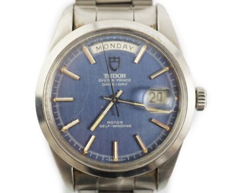 A gentleman's late 1960's stainless steel Tudor Oyster Prince Date-Day self winding wrist watch, with blue dial and baton num