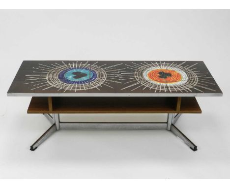 A Juliette Belarti chrome and tile-top coffee table, circa 1973, the top comprising 24 tiles decorated with sunburst patterns