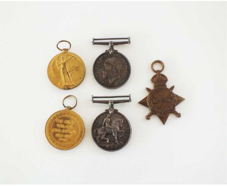A World War I medal pair, awarded to '37829 PTE A. O'Connell S. Wales Bord', together with a World War I trio awarded to 'R.M