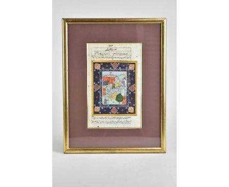 Leaf from a dispersed manuscript, Persia, 19th century, illustrated in gouache with a scene of gentlemen at leisure in a land