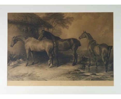 After Landseer, Hunters at Grass, measurements 61 x 87 cm, frame 78 x 104 cm, together with a print titled Hog Hunting- The T