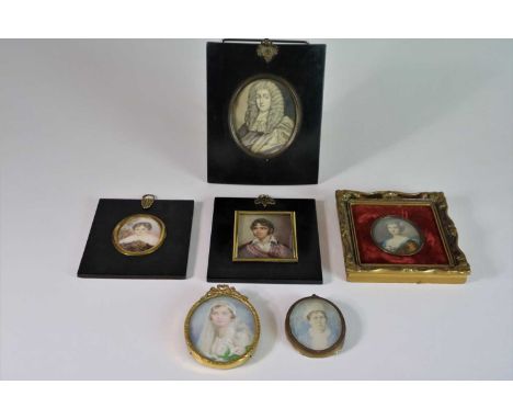 Collection of Miniatures to include oval watercolour miniature of a young woman in a white wedding dress carrying a bunch of 