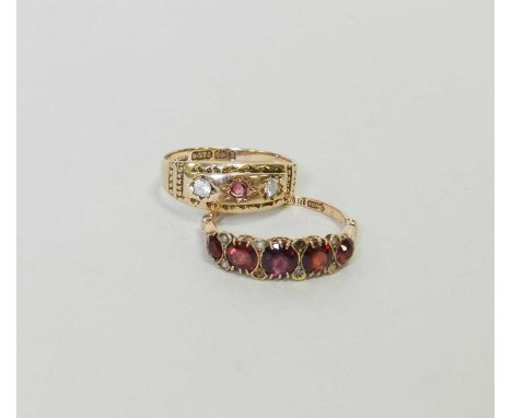 A 9ct gold three stone untested ruby and white stone ring, size O 1/2, together with a 9ct gold graduated five stone ring, si