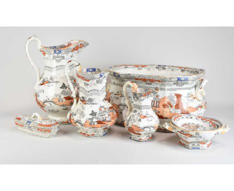 A late 19th-century Staffordshire pottery chinoiserie bathroom pottery set, transfer-printed in underglaze black and red, com