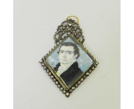 An early 19th century rose cut diamond set miniature portrait pendant, the lozenge shaped miniature on ivory depicting a Gent