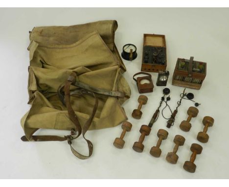 A group of WW2 period and other items including two field service sleeping bags, circa 1950 the first canvas bag named to Cap