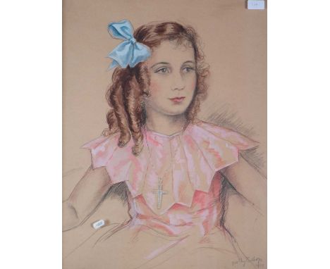 British School (20th Century) Portrait of a Young Girl with Blue Bow, inscribed Molly Bishop 1937 bottom right, charcoal and 