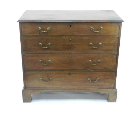 A George III rectangular, mahogany chest of drawers, with a mahogany carcase and original gilded swan neck handles on the 4 l