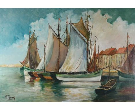 R*Fonck (Continental School, 20th century), Marina scene, signed lower left, oil on canvas, 101cm x 71cmCondition report: Ok.