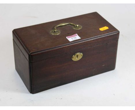 A late George III mahogany tea caddy, of plain rectangular form, having brass handle and escutcheon, w.25cm