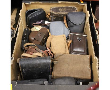 A box containing a collection of various 20th century cameras and binoculars, to include a Halma camera, cased