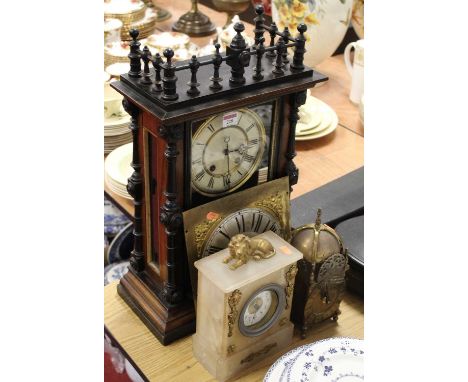 A late 19th century continental walnut and ebonised mantel clock, having enamelled dial with Roman numerals and eight day mov