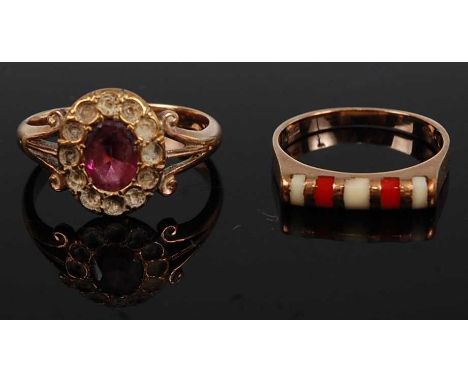 A vintage 9ct gold amethyst set dress ring, size J; together with a 9ct gold, red and white enamel set ring, size J, gross we