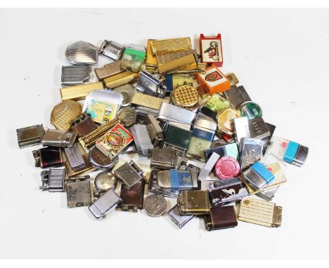 A Scripto VU-lighter, the perspex case containing a fisherman's fly, together with various other pocket and novelty lighters 