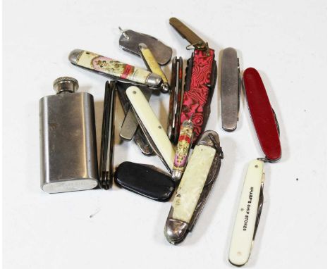 A small collection of 19th century and later pocket knives; together with a stainless steel hip flask 