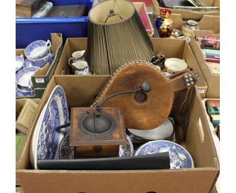 Two boxes of mixed effects to include; mostly blue &amp; white dinner wares, pair of bellows, studio table lamp etc