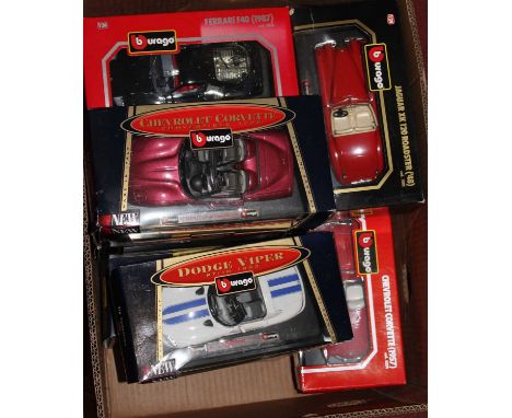 A box containing a small quantity of Burago 1/24 scale vehicles, to include Dodge Viper, Chevrolet Corvette etc