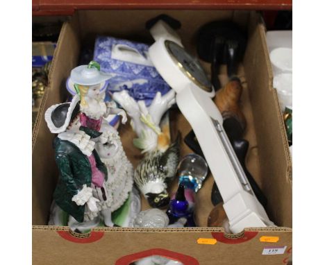 A box of miscellaneous items, to include a continental porcelain figure group of a couple, blue and white transfer decorated 