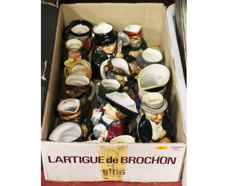 A box of various ceramic character jugs to include; examples by Tony Wood, Roy Kirkham etc