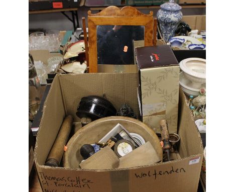 A box containing a collection of various items to include silver plated wares, treen and a swing framed toilet mirror