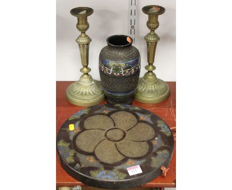 A Chinese cloisonne enamel vase of ovoid form, 21cm high together with a cloisonne enamel dinner gong, lacking stand, and a p