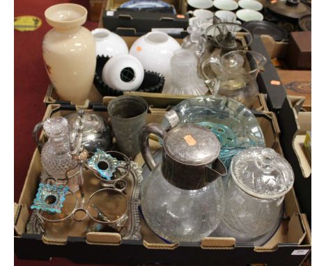 Two boxes of mixed effects to include; a 1930s glass and silver plated water jug, sundry further glassware, silver plated cru