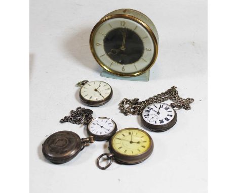 A Victorian silver chronograph pocket watch, together with four others similar, and an early 20th century Smiths alarm clock