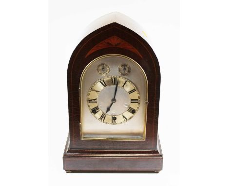 An Edwardian and later mahogany cased 8-day bracket clock, with boxwood strung and inlaid lancet shaped case surrounding, sil