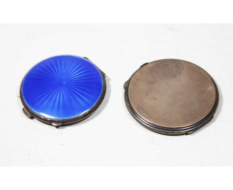 A George VI engine turned silver and blue guilloche enamelled lady's powder compact, the cartouche marked PTC Distripress 195