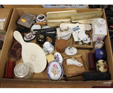 A box of miscellaneous items to include a Hudsons Metropolitan whistle, various trinket jars and covers, glove stretchers etc