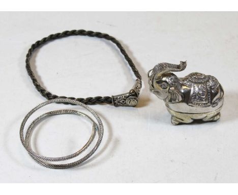 A Celtic style wirework and white metal necklet; together with a white metal snake bracelet; and a white metal trinket jar an