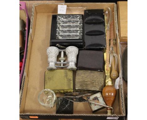 A collection of miscellaneous items to include a treen light switch, opera glasses, glass knife rests etc