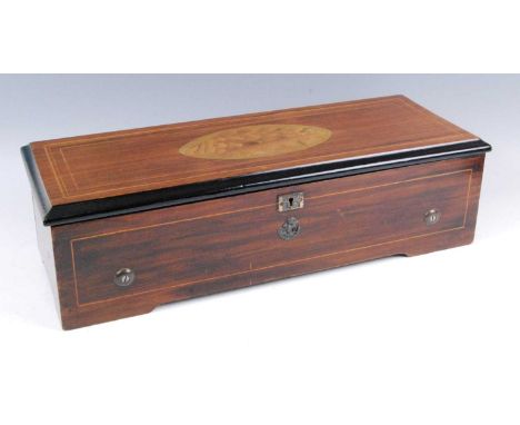 A late 19th century Swiss rosewood cased music box, the 13" cylinder playing ten airs, with change/repeat and stop/start func