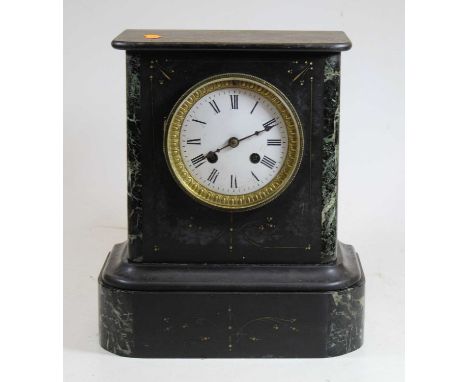 A Victorian black slate and serpentine marble 8 day mantel clock, H29cm