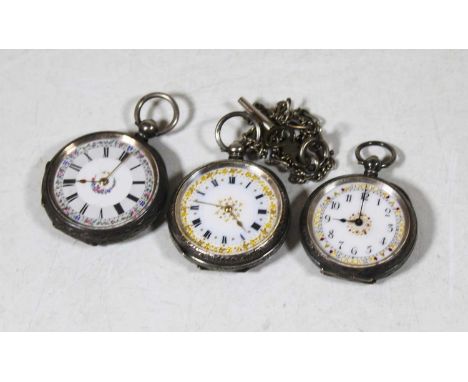 A late Victorian silver cased mid size open faced pocket watch, the dial enamel decorated with floral sprays, engraved case w
