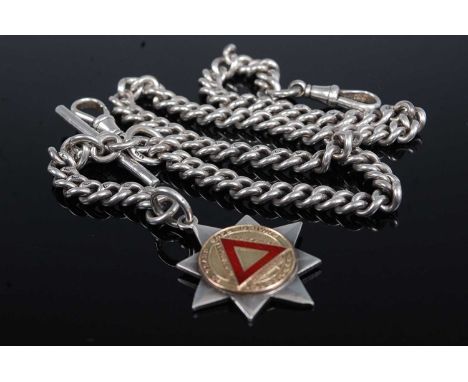 A silver curblink watch chain with Albert, Birmingham 1903, and silver and enamel safe-driving pendant, , London 1913, 71g, l