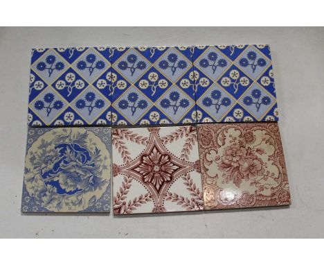 Three ceramic tiles with diamond floral decoration, each having raised mark verso, Mintons Chinaworks, Stoke on Trent, 15x15c