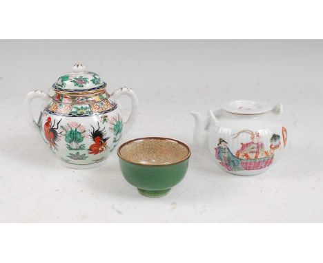A Chinese export tea bowl on green ground with crackle glaze dia. 8cm, together with a Chinese export twin handled jar &amp; 