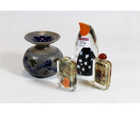 A Caithness Shuffle the Penguin glass paperweight; together with two Chinese reverse painted scent bottles; and a modern hand