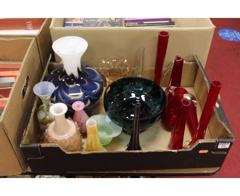 A box of sundry art glass to include; numerous ruby specimen vases, heavy base table bowl, etc