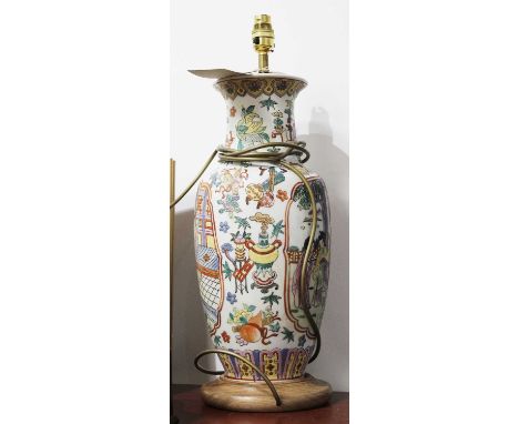 A 20th century Chinese enamel decorated stoneware table lamp, h.44cm