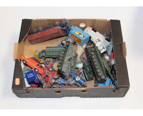 A box of miscellaneous loose and playworn diecast toy vehicles to include Dinky Toys leopard tank, Dinky Toys 3 ton army wago