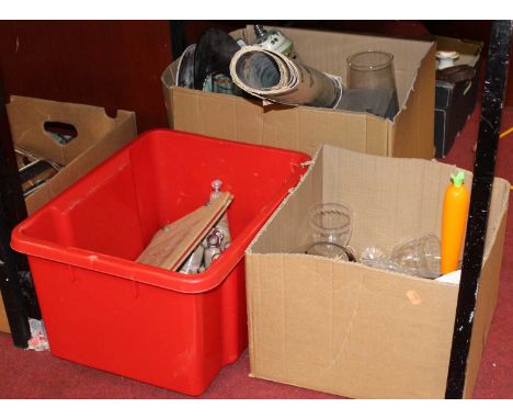 Four boxes of miscellaneous items, to include an Egyptian leather clad souvenir folder, oak cased aneroid barometer, various 