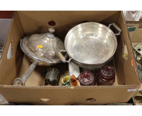 A box of miscellaneous items, to include ruby glass storage jars and covers, muffin dish etc 