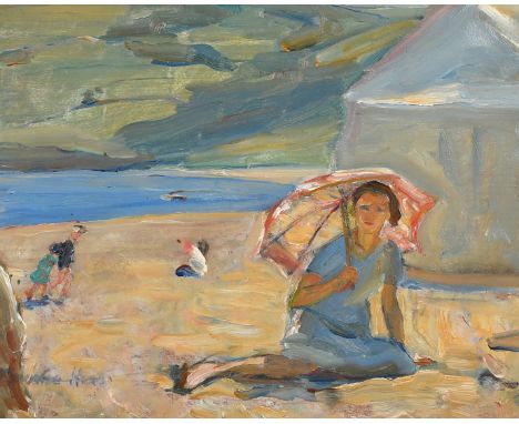 Florence Adelina Hess (1891-1974), 'Peggy' lady under a parasol on a beach, oil on panel, signed, 9" x 11" (23 x 28cm).