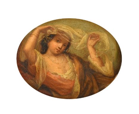 Late 18th Century, Portrait a of elegant lady holding a white vail above her head, oval oil on metal 7" x 8.5", (18x21.5cm).